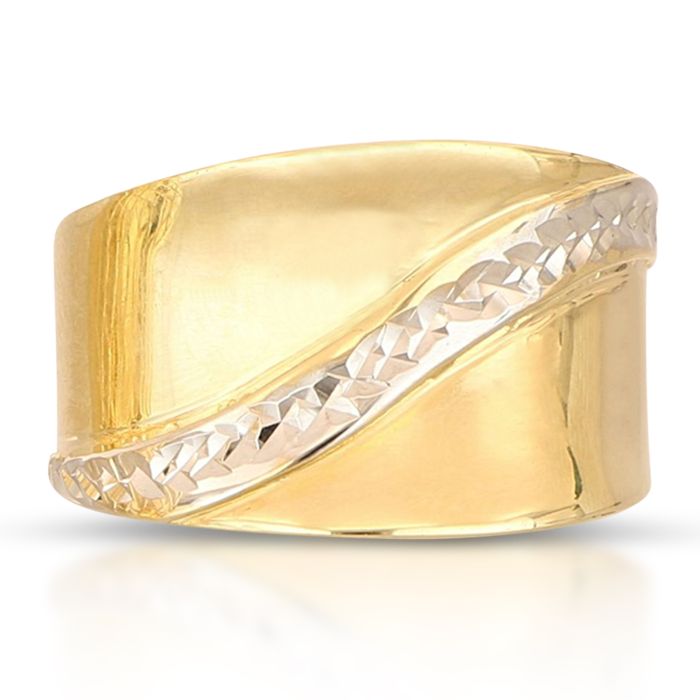 Anello Bicolore in Oro 18kt a Lastra – Lucido e Diamantato (Fascia Larga 1,40 cm)