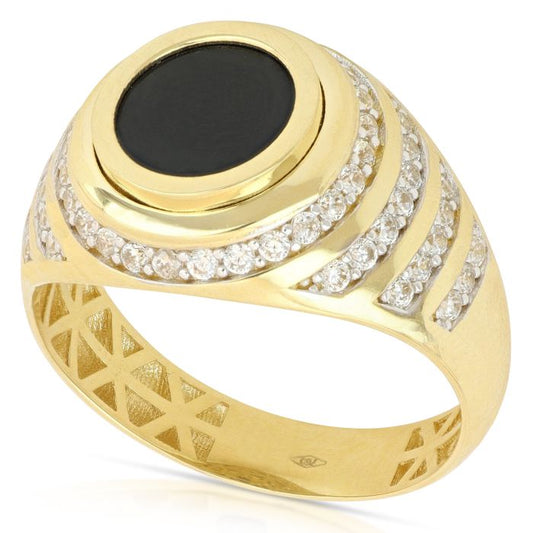 Anello Tondo con Onice e Zirconi in Oro 18kt – Uomo