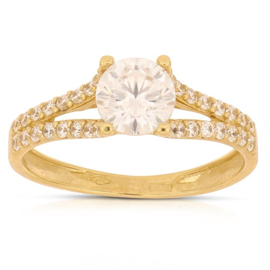 Anello Solitario con Zirconi Laterali in Oro Giallo 18kt – Collezione Matrimonio