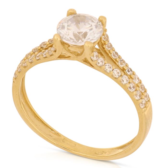 Anello Solitario con Zirconi Laterali in Oro Giallo 18kt – Collezione Matrimonio