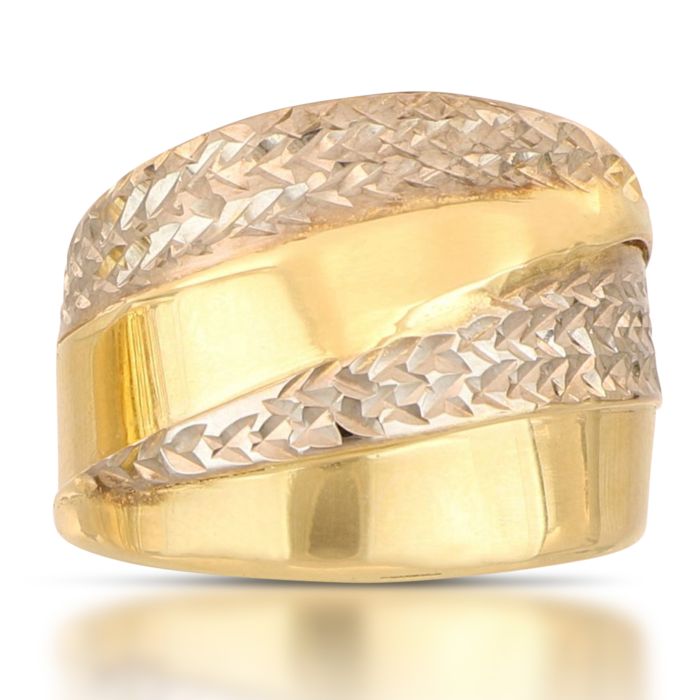 Anello Bicolore in Oro 18kt a Lastra – Lucido e Diamantato (Fascia Larga 1,90 cm)