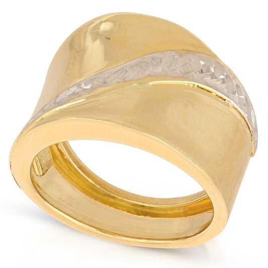 Anello Bicolore in Oro 18kt a Lastra – Lucido e Diamantato (Fascia Larga 1,40 cm)