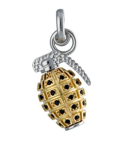 Ciondolo uomo tendenza bomba a mano gr 4.70 oro bianco e giallo 18kt zirconi nero
