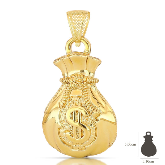 Ciondolo pendente a forma sacco di dollari in oro giallo 18 kt