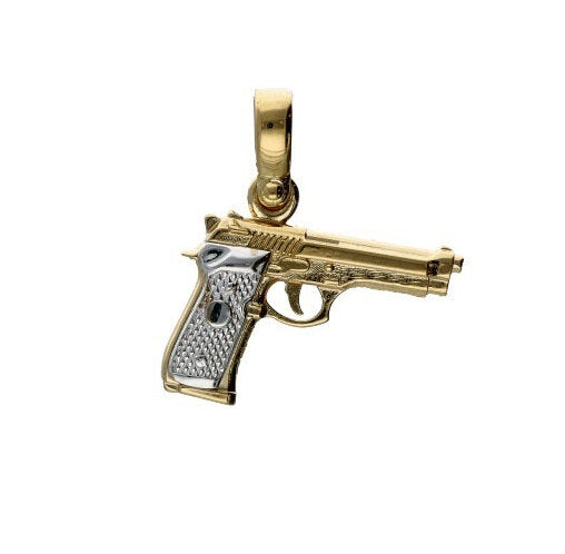 Ciondolo Uomo Pistola in Oro Bianco e Giallo 18kt – Gioiello Artigianale Made in Italy